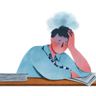 Drawing of a person filing paperwork, with a cloud over their head simbolizing frustration